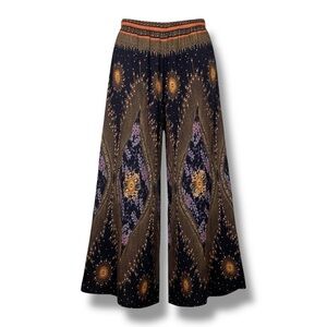 Boho Print Wide Leg Harem Pants Cargo Pocket Purple Gold Red on Black Elastic 1X